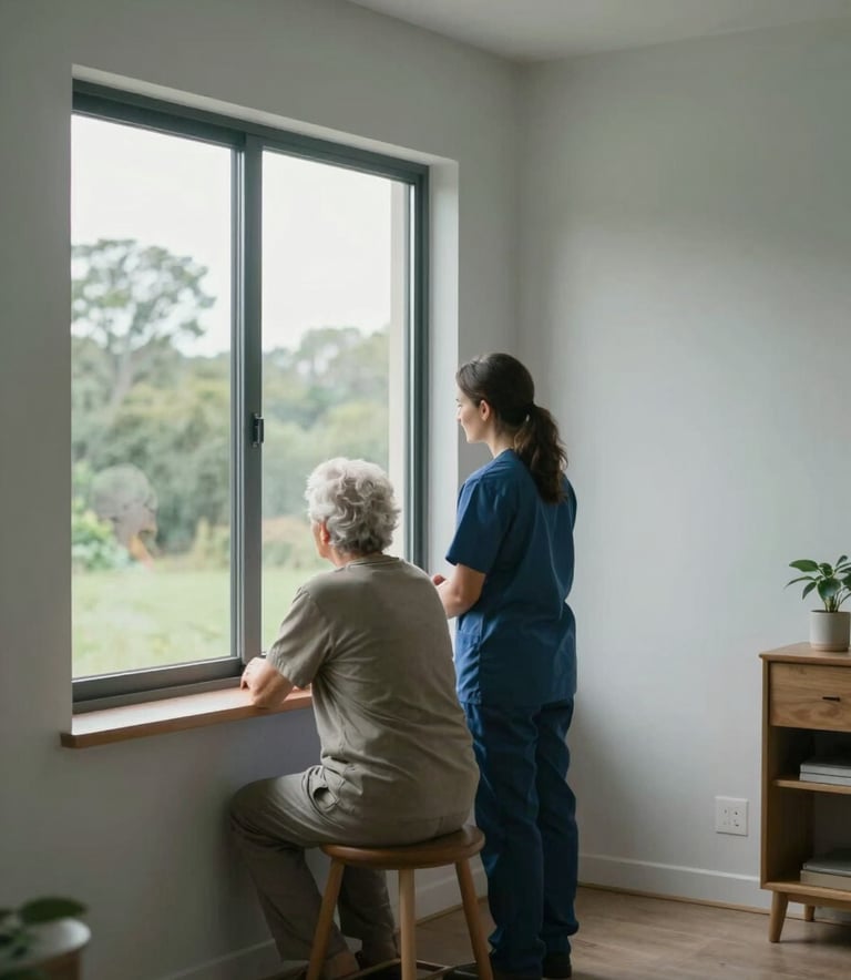 A wide shot of a caregiver and a senior client looking out of a window in a modern North American home, soft natural light reflecting off mist-colored walls, peaceful composition.