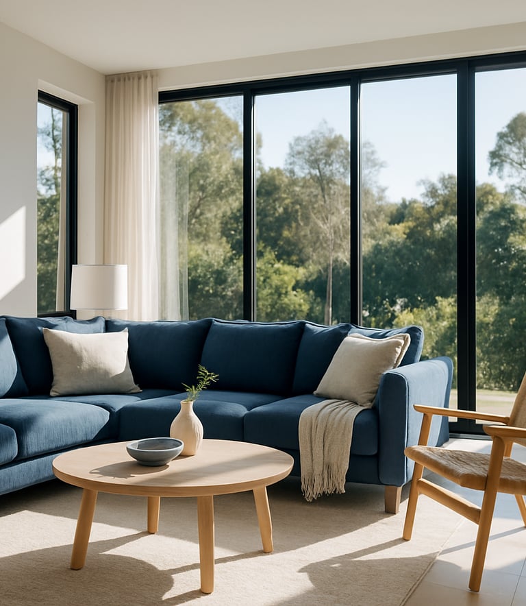 A cozy, sun-drenched living room in a modern Australian home, clean lines and large windows, suggesting perfect indoor climate control. Professional photography, bright natural lighting, Deep Ocean and Ice White tones.