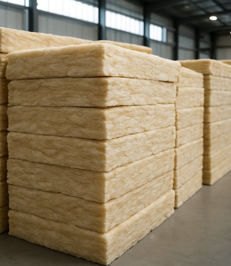 Detailed shot of premium insulation batts stacked in a bright, organized supply warehouse in Australia. Soft natural light, professional atmosphere, showing product quality.