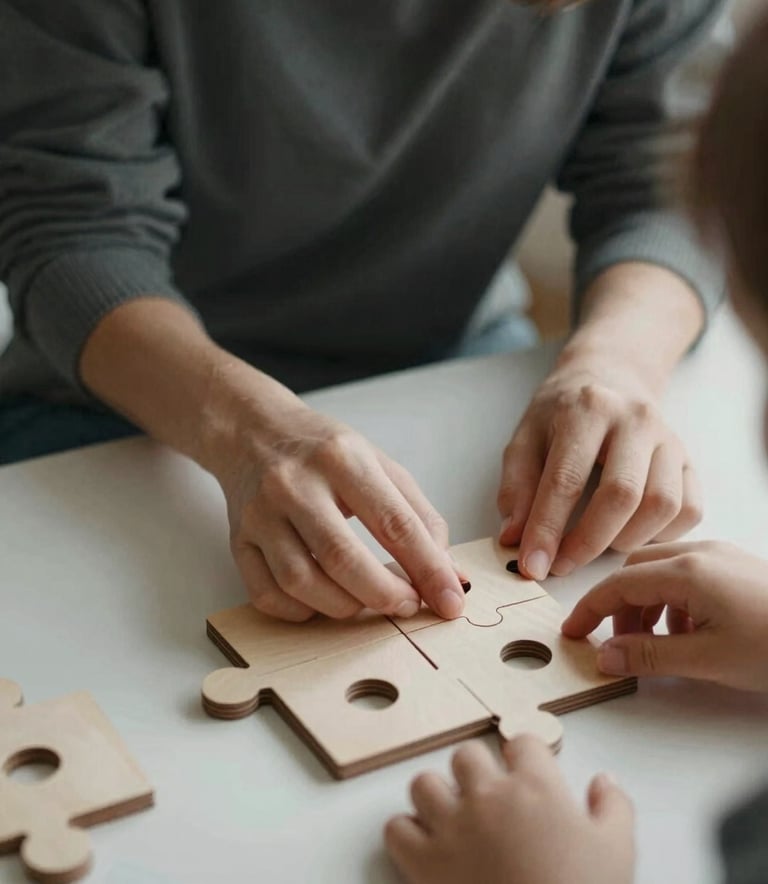 A close-up photograph of a teacher's hands and a child's hands working together over a wooden puzzle. Soft, natural lighting. The colors are muted charcoal, warm sand, and soft off-white. Professional and human-centered.