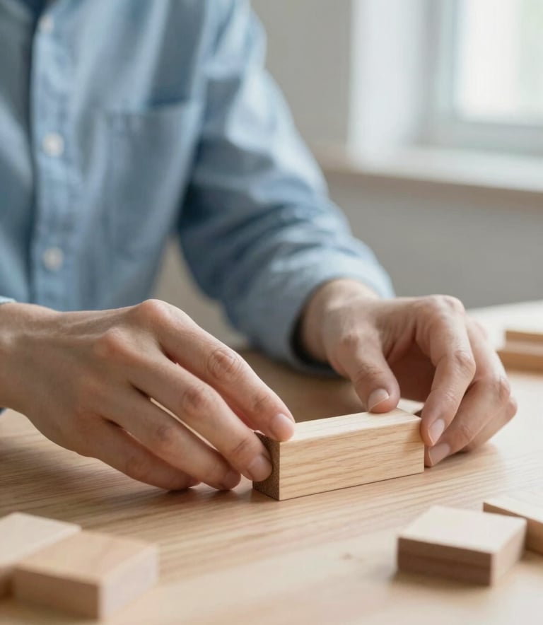 A close-up photograph of a teacher's hands carefully arranging wooden learning blocks on a light timber table. The lighting is soft and natural, coming from a side window. The palette features soft sky blue and muted almond tones, with a clean, minimalist Nordic aesthetic.