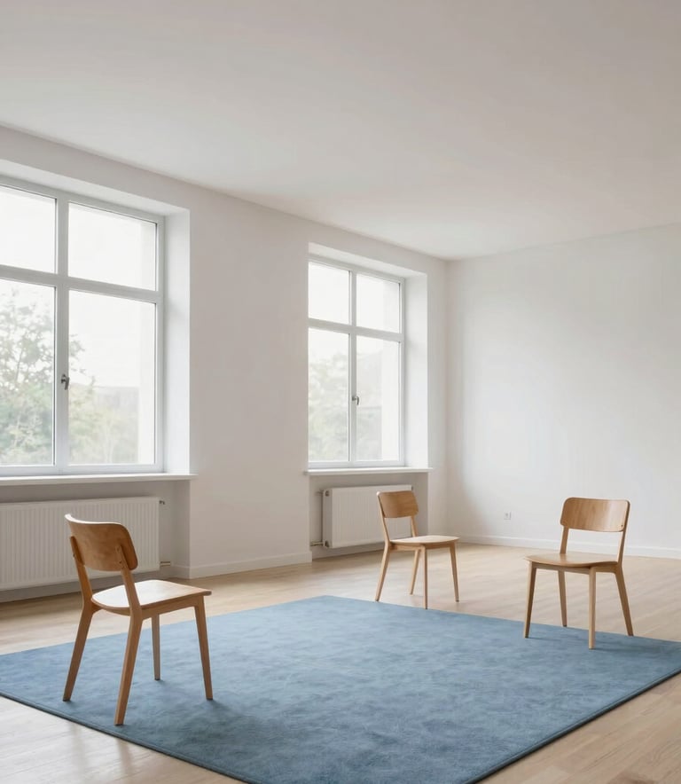 A wide, serene photograph of a modern, minimalist classroom with generous white space. Large windows let in soft light. A few wooden chairs and a soft sky blue rug create a warm, human-centered atmosphere. Professional photography, high-end interior style.