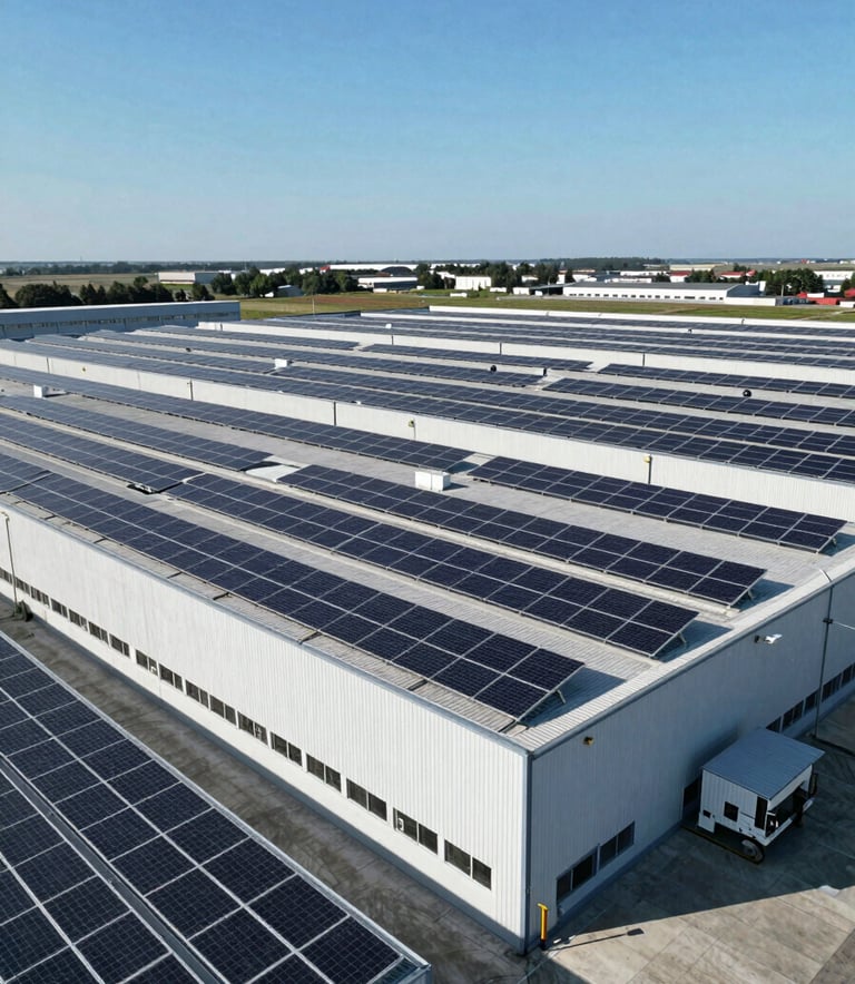 An aerial view of a large European logistics warehouse featuring a vast installation of professional photovoltaic panels on its roof, under a clear blue sky, highlighting green energy and industrial scale.