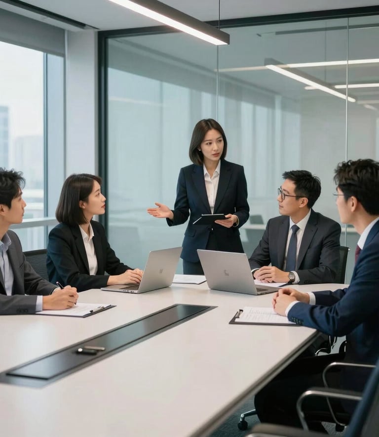 A group of professional business consultants and attorneys in a modern North American glass-walled conference room during a strategy session, clean lighting and steel blue accents.