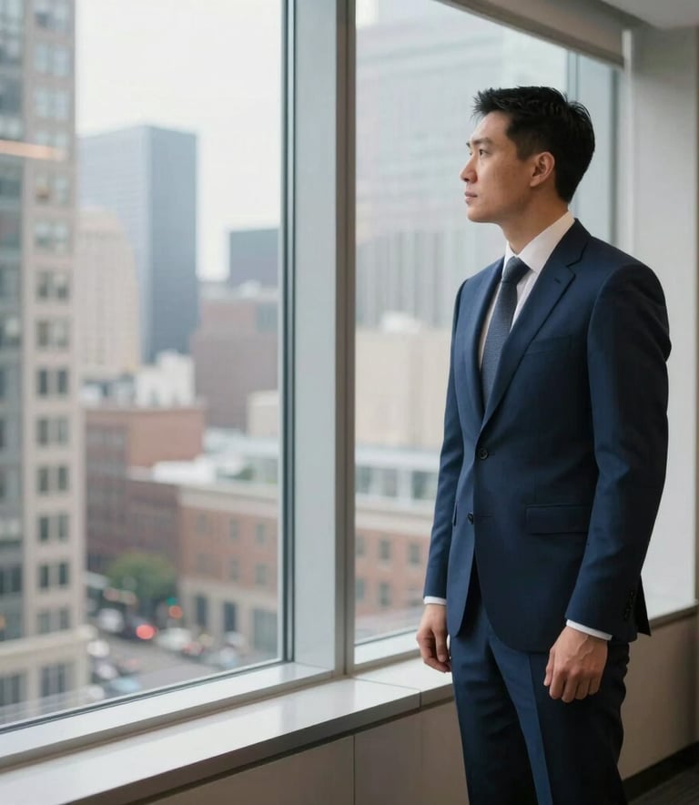 A professional North American attorney standing by a large window in a high-rise office, overlooking a bustling city, wearing a sharp navy suit, with soft natural light highlighting the elegant interior details.