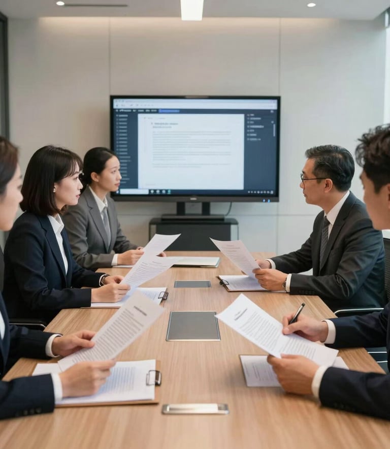 A professional photograph of a group of attorneys collaborating in a modern North American boardroom, reviewing legal briefs and digital screens, with clean and elegant composition, soft office lighting.