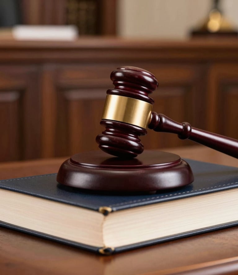 A close-up of a polished wooden gavel resting on a leather-bound legal book in a traditional North American courtroom setting with elegant wood paneling and gold details.