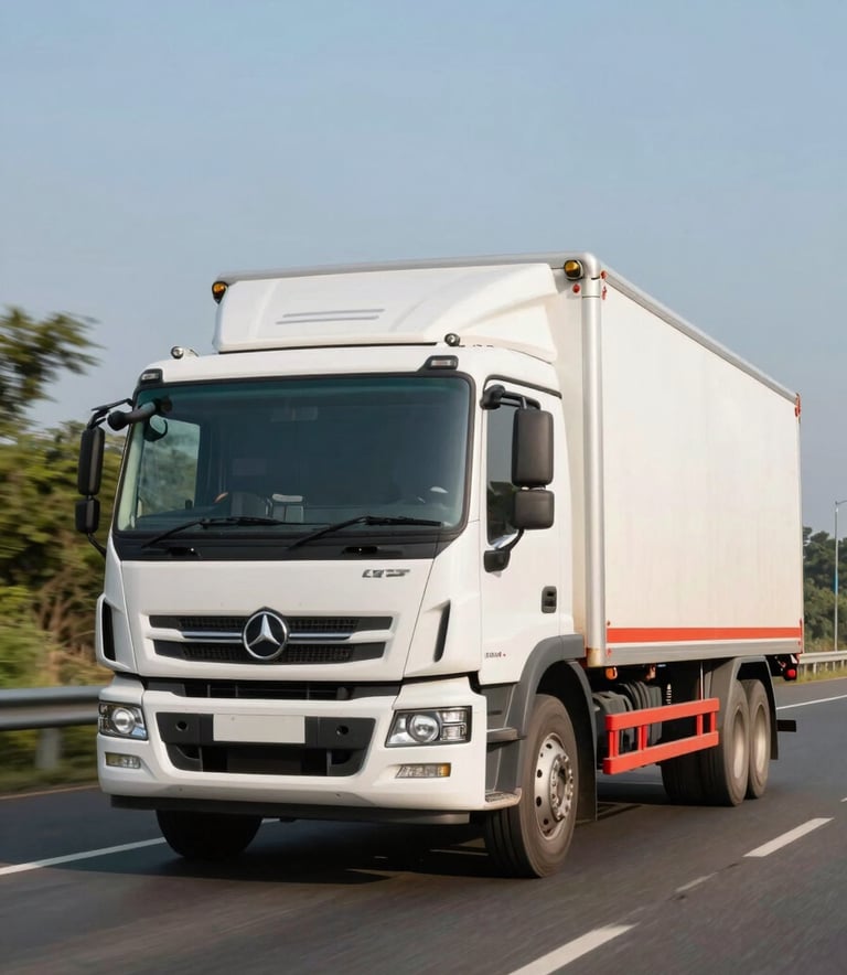 A high-quality commercial photograph of a modern white transport truck with red highlights driving on a scenic highway in Haryana, India, during the bright afternoon sun, symbolizing speed and reliability.