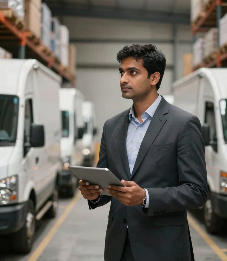 A professional South Asian logistics manager in a modern warehouse environment holding a digital tablet and overseeing a fleet of delivery vehicles.