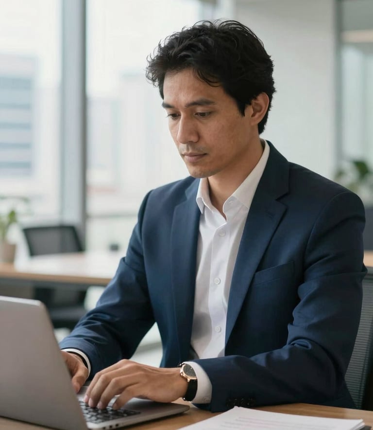 A professional South American / Brazilian consultant in business attire, working in a sunlit, modern office in São Paulo. The scene is shot with a shallow depth of field, focusing on the professional's confident expression. The palette includes navy blue and off-white tones, reflecting an atmosphere of expertise and trust.
