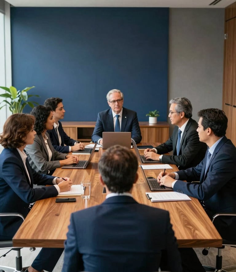 A group of Brazilian business professionals collaborating around a large wooden table in a high-end meeting room. The lighting is natural and bright, highlighting a professional environment. The decor features accents of dark blue and blue-gray, symbolizing a modern and organized management style.