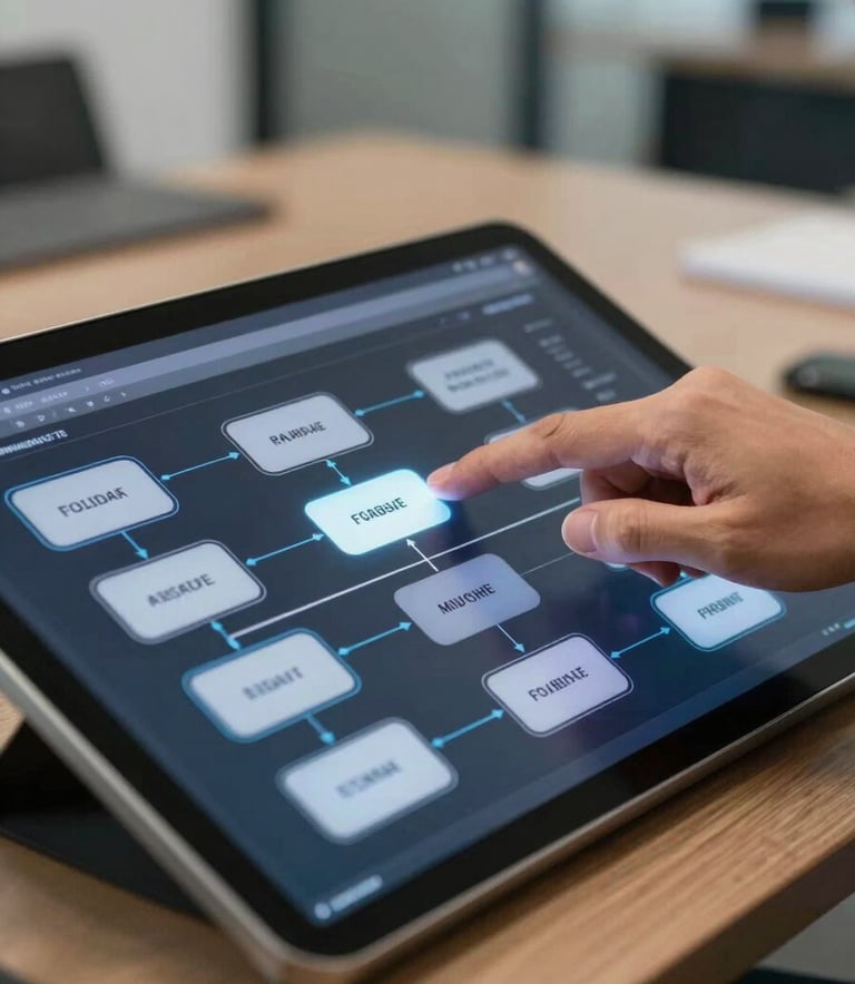Detailed shot of a professional hand interacting with a high-end touch screen displaying an advanced business process flowchart. Modern Brazilian office setting, soft-focus background with steel blue accents. High-tech, expert atmosphere.