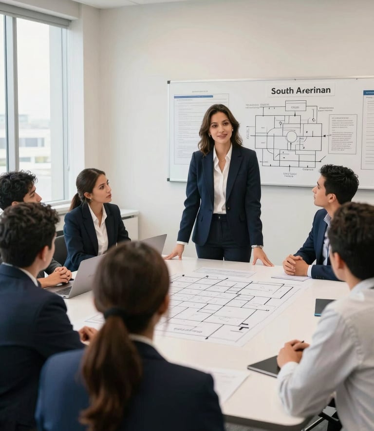 Photography of a training room in a modern South American company. A specialist is demonstrating process mapping techniques to attentive employees. Clean environment, bright natural light, professional and educational mood. Off-white and navy color palette.