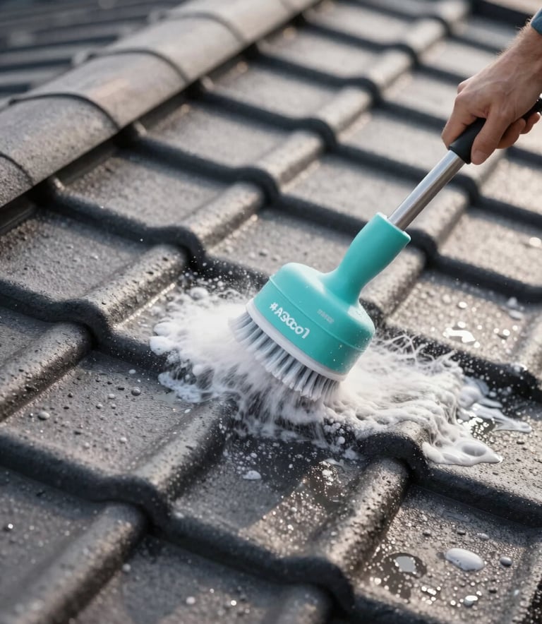A close-up, high-angle shot of a meticulously clean roof with modern dark tiles. Soft washing foam is gently being applied by a professional, highlighting detail and care. The lighting is bright and clear, incorporating the brand colors #3D6D8A and #A3BCCF in the equipment and reflections. The style is crisp and professional.
