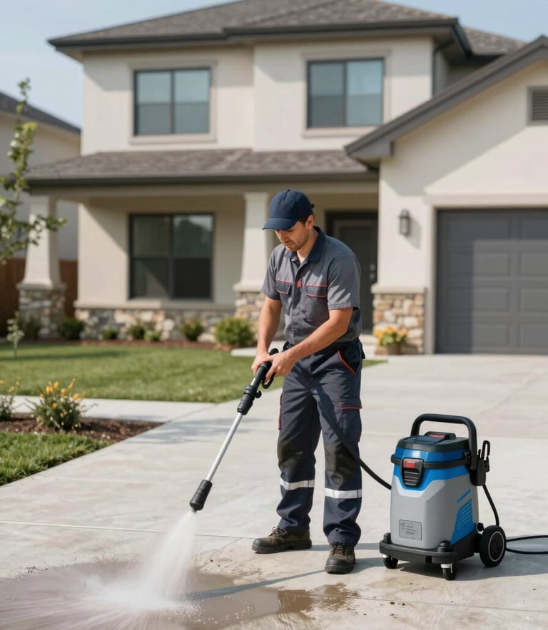 A wide shot of a professional technician in a clean uniform using high-end pressure washing equipment on a modern home's driveway. The scene is bright and sunny, showing a transformative 'clean line' where the dirt is being removed. The aesthetic is modern and trustworthy, featuring #1A2A3A and #3D6D8A tones.