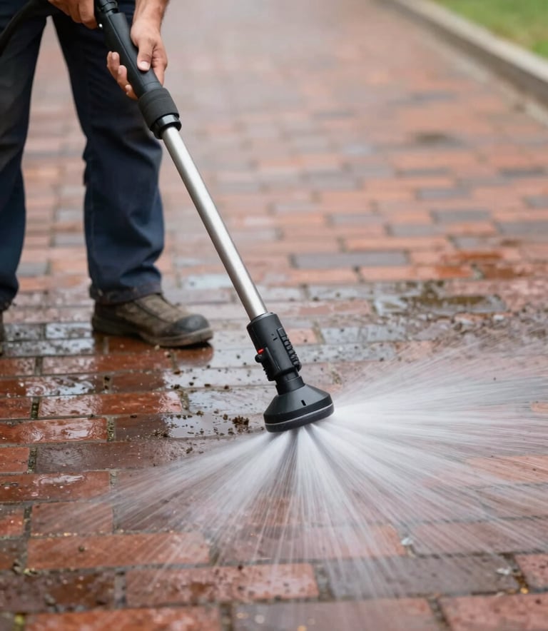 A detailed shot of a professional pressure washing stream cleaning a brick pathway, showing a clear 'clean line' where the dirt is being removed. The lighting is crisp and clear, emphasizing the transformative cleanliness and meticulous care of the brand.