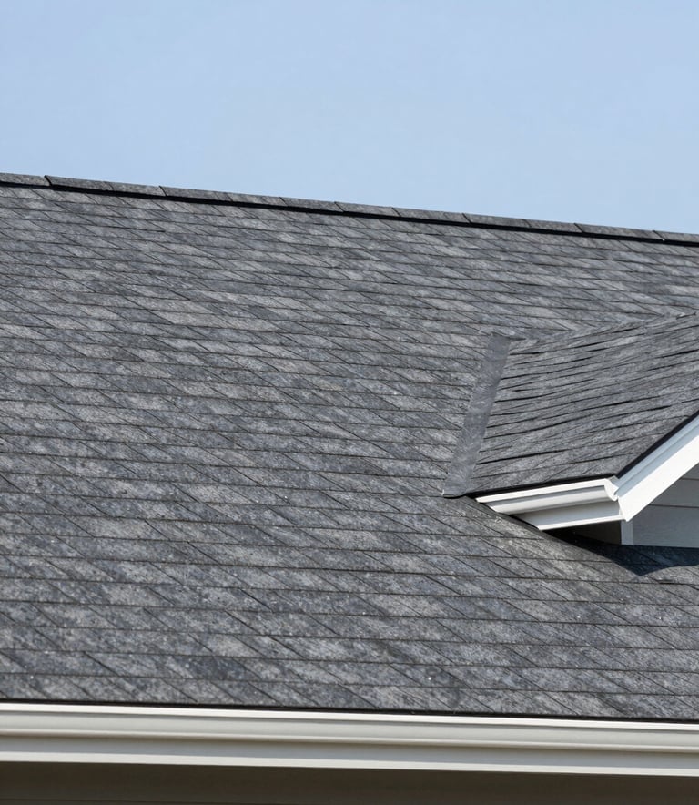 A clean, modern house roof with perfectly maintained dark grey shingles against a clear sky. The image conveys a sense of meticulous care and longevity, utilizing the brand's clean aesthetic with subtle blue undertones.