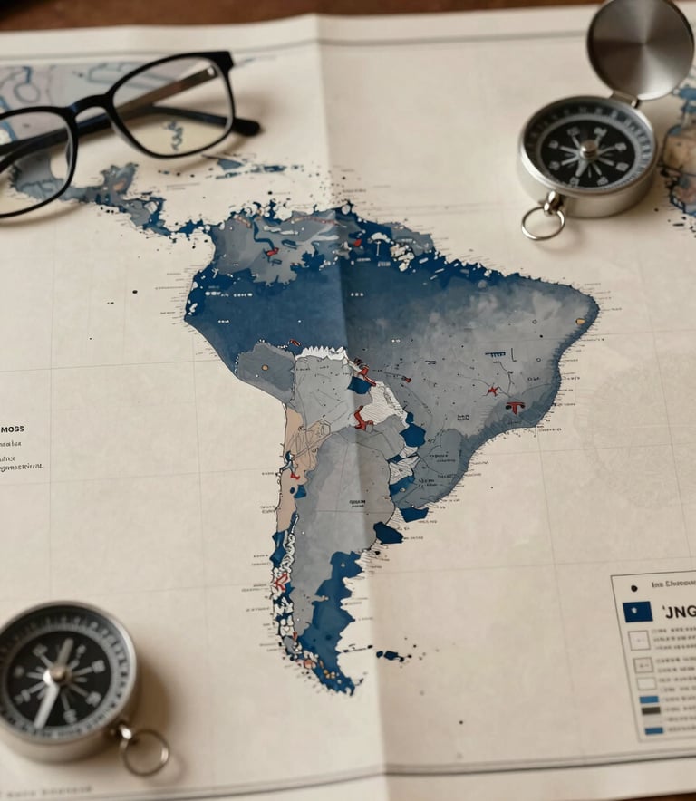 A professional photograph of a strategic map of South America spread across a wooden table, next to a pair of glasses and a compass. The lighting is cinematic, highlighting the map's details in off-white and dark navy blue tones, emphasizing a South American strategic context.
