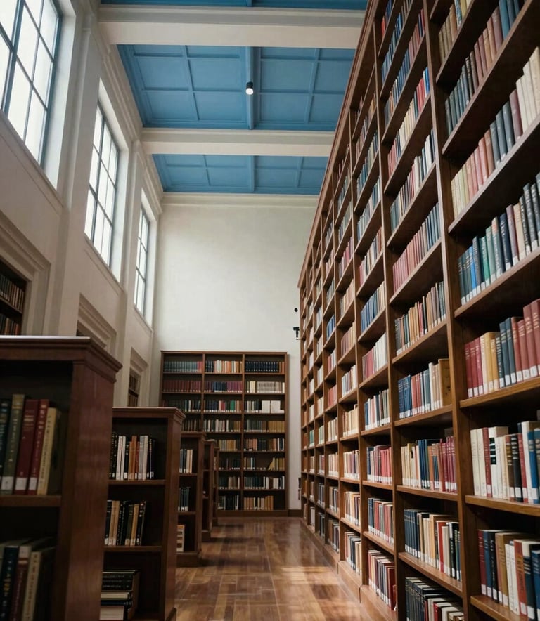 A wide-angle shot of a grand library with high ceilings and mahogany shelves, located in a prestigious Brazilian institution. The lighting is soft and natural, coming from large windows, with tones of steel blue and off-white. Professional atmosphere.