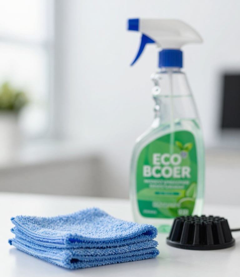 Close-up of professional cleaning equipment including a microfiber cloth and eco-friendly spray bottle, set against a blurred, bright office background. The composition is clean and minimalist, highlighting modern efficiency and reliability.
