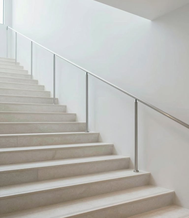 A pristine, professionally cleaned modern stairwell with metal railings and light-colored stone steps. The atmosphere is bright and airy, reflecting modern efficiency and the brand colors #4C728C and #F4F8FC. High-resolution architectural photography.