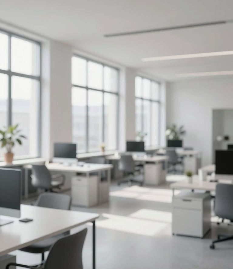 A wide-angle interior view of a modern, sun-drenched office in Bremen with large clean windows. The space is minimalist and perfectly organized, featuring furniture in tones of #4C728C and #F4F8FC. The atmosphere is calm, modern, and highly efficient.
