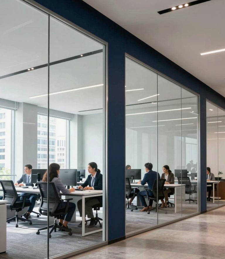 A wide-angle photography shot of a modern, minimal North American corporate office in a US city. Professional team members are visible through glass partitions, creating an atmosphere of transparency and innovation. The lighting is bright and natural with deep navy blue accents.