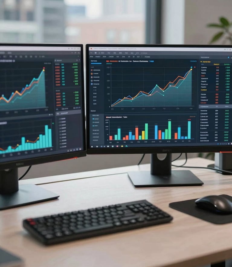 A high-end, clean photography of a professional workspace in a North American city, featuring dual monitors displaying complex data analytics and growth charts, soft natural lighting.