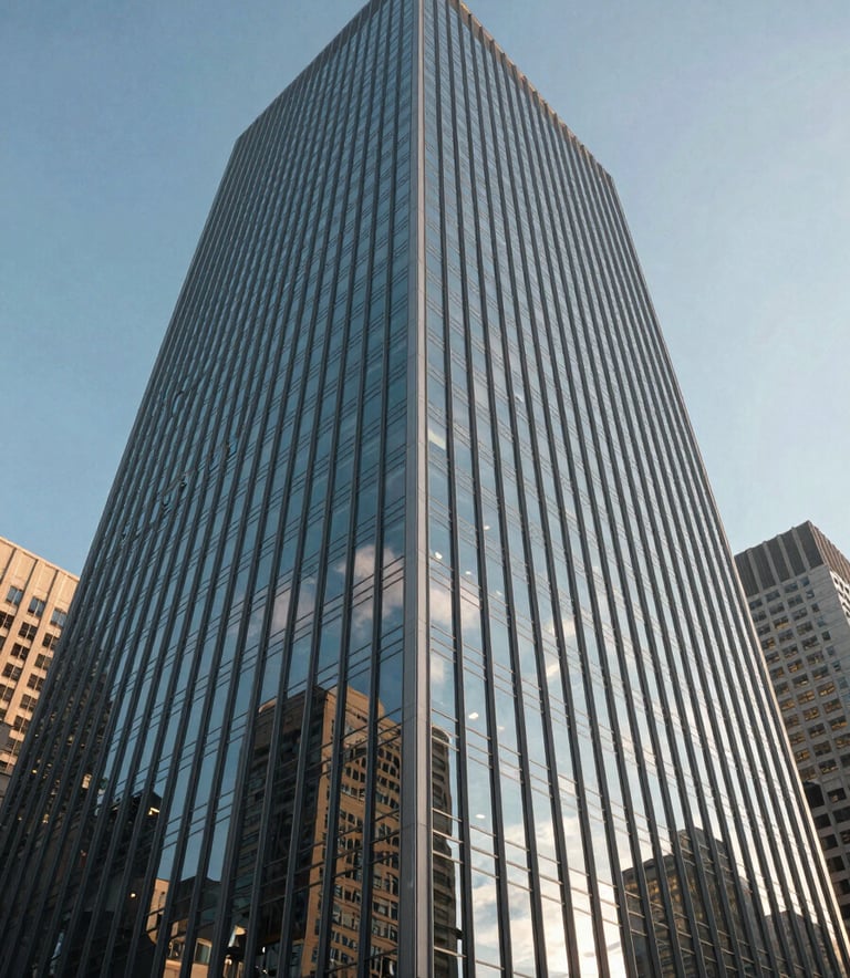 A low angle photograph of a modern glass skyscraper in a North American business district, reflecting a clear blue sky and the soft light of morning, symbolizing corporate growth and professional success.