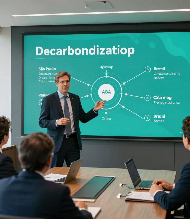 A professional South American / Brazilian climate consultant presenting a strategic data-driven decarbonization road map to corporate executives in a sunlit modern boardroom in São Paulo. Deep teal branding theme.