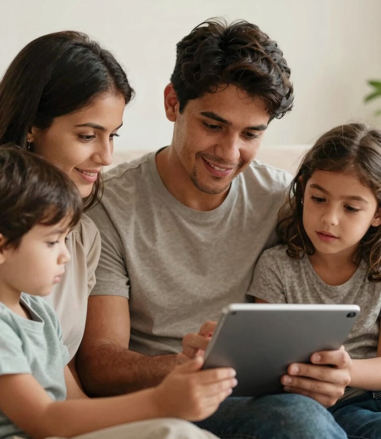 Close-up of a South American / Brazilian family sitting together in a modern living room, reviewing financial goals on a digital tablet, looking relaxed and confident. Warm natural lighting, Soft Off-white background.