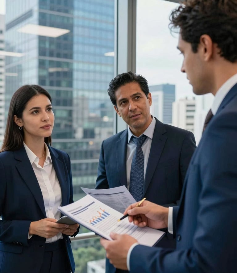Two South American / Brazilian professionals discussing financial reports in a high-rise office with glass windows, city skyline in the background. Professional and reliable atmosphere, incorporating Dark Navy Blue and Sea Blue colors.