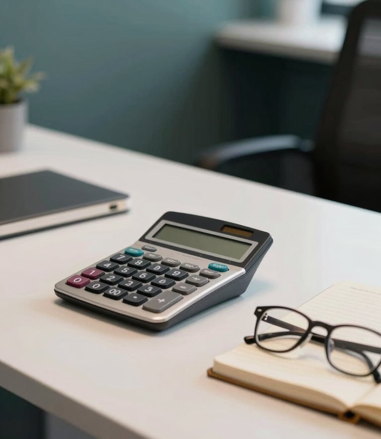 A professional desk in a modern South American / Brazilian office featuring a calculator, a notebook, and a pair of glasses on a soft off-white surface, with muted teal and dark slate blue accents in the background.