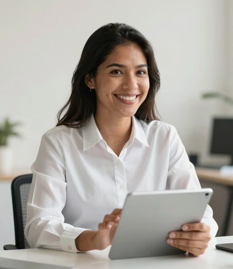 A smiling South American / Brazilian professional sitting at a clean desk with a digital tablet, looking approachable and reliable, in a bright office with soft off-white walls.