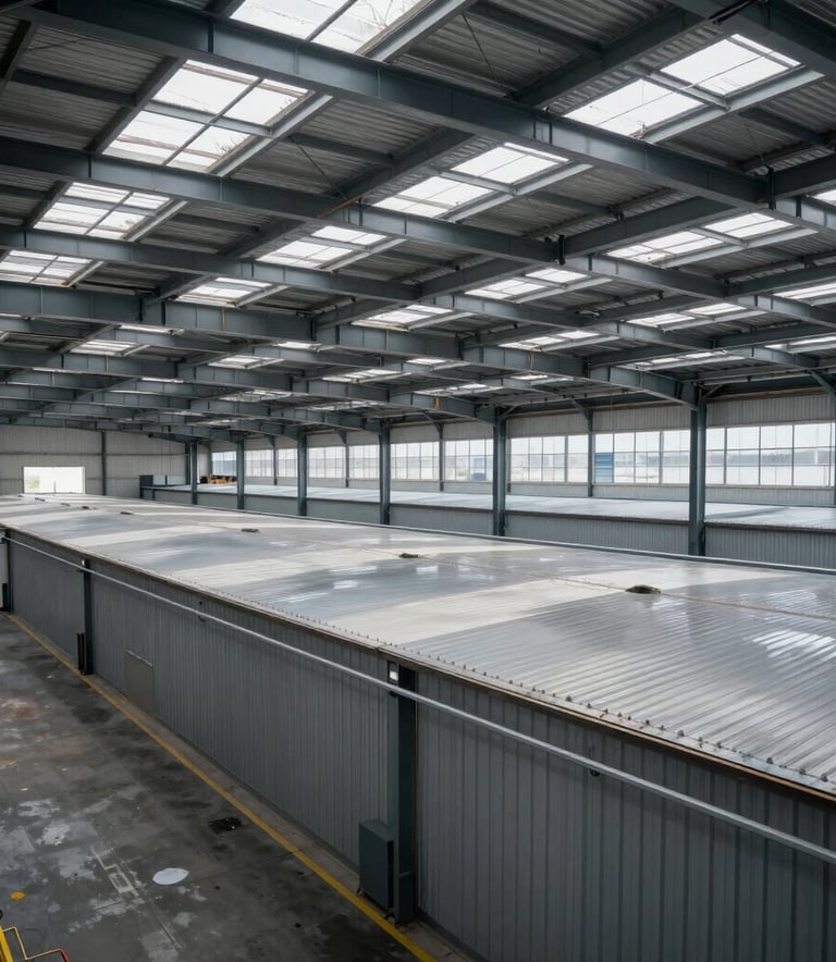 A wide architectural photograph of a massive industrial warehouse in New Jersey with a perfectly installed roofing system, highlighting scale, industrial strength, and professional-grade construction.