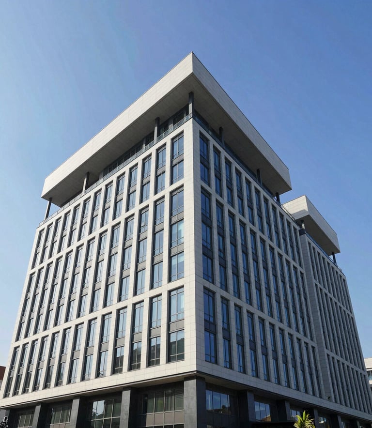 A low-angle architectural photograph of a modern commercial office building in a North American business park, featuring a clean and complex flat roofing system against a clear blue sky, demonstrating professional industrial construction.