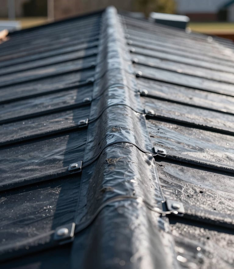 Close-up of a high-quality commercial roofing installation showing modern TPO membrane seams, clean industrial finish, North American / US construction site.