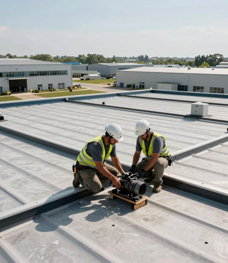 A professional roofing crew working on a large flat roof system of a modern warehouse in a North American industrial park, bright daylight, high-contrast industrial setting.