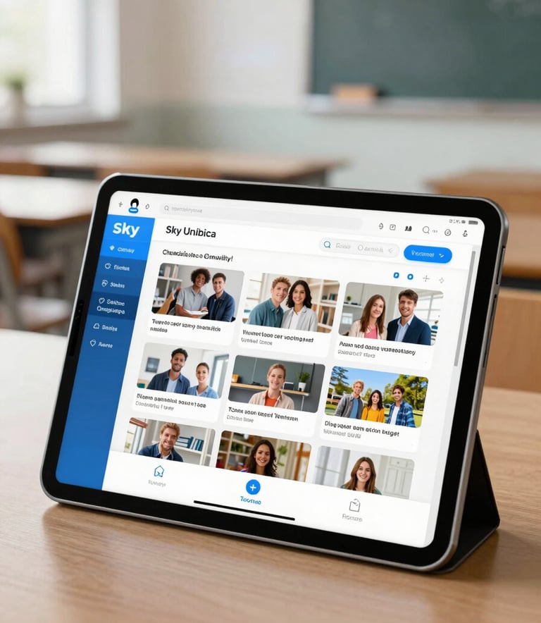 A close-up photograph of a sleek, modern tablet screen in a North American classroom showing a vibrant, interactive community forum interface. Soft natural light illuminates the device, with a blurred background of a clean, tech-forward learning space using a Sky White and Bright Blue color palette.