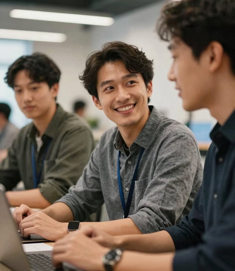 Close-up photography of a collaborative group session in a North American innovation hub. People are engaged in friendly conversation around a shared workstation. The lighting is bright and warm, emphasizing an approachable and welcoming tech atmosphere.