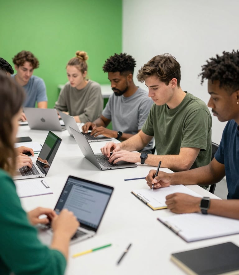 Photography of a modern North American workshop setting where diverse learners are engaged in a group project. The composition is dynamic, focusing on a shared table with notebooks and digital tools. The lighting is bright and clean, reflecting a Vibrant Green and Sky White color scheme.