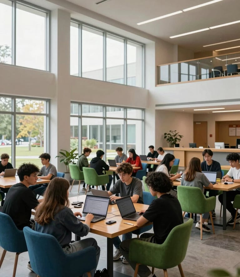 Wide-angle photography of a bright, contemporary North American academic hall. Students are gathered around communal wooden tables with laptops. Large windows let in soft daylight, highlighting sky blue and emerald green furniture accents.