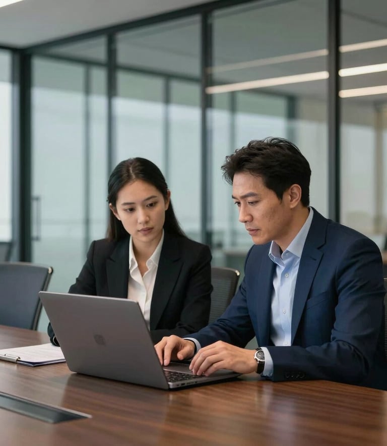 Two professional colleagues in a focused discussion over a laptop in a modern conference room with glass walls. North American / US corporate setting, high-end furniture, with deep navy blue accents and sharp professional focus.