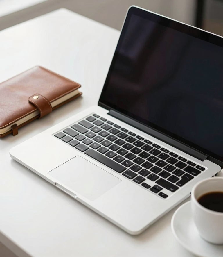 A professional workplace setting in North American / US showing a high-end laptop on a white desk next to a leather notebook and a cup of coffee, bright and airy lighting to convey clarity and modern professionalism.