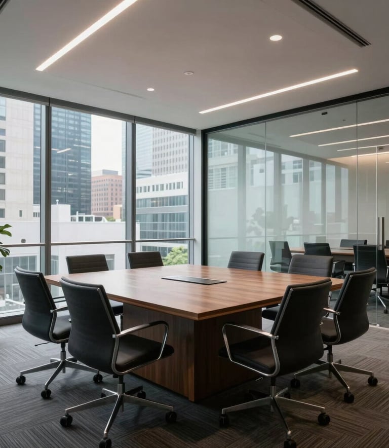 A wide-angle shot of a modern, clean boardroom with glass walls in a North American / US city, suggesting transparency and corporate expertise.