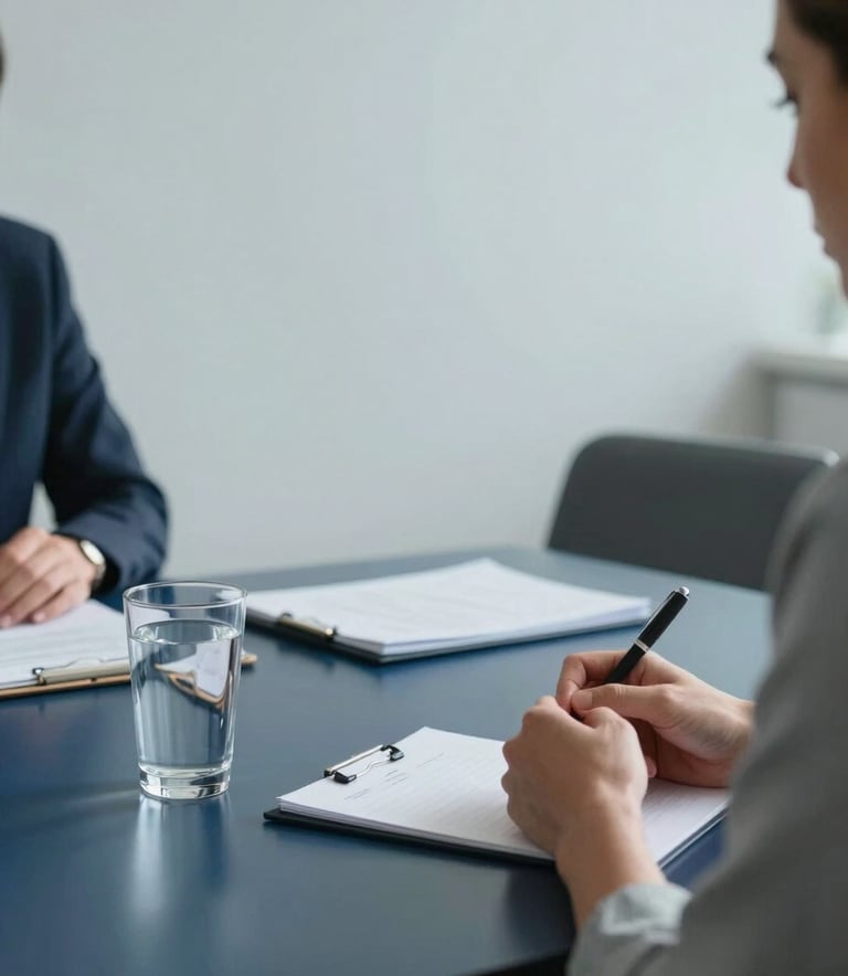 A close-up of a professional business consultation taking place in a minimalist office in Madrid. A sleek dark blue table, glass of water, and clean stationery. The lighting is soft and natural, emphasizing a modern corporate atmosphere with light grey-blue tones.