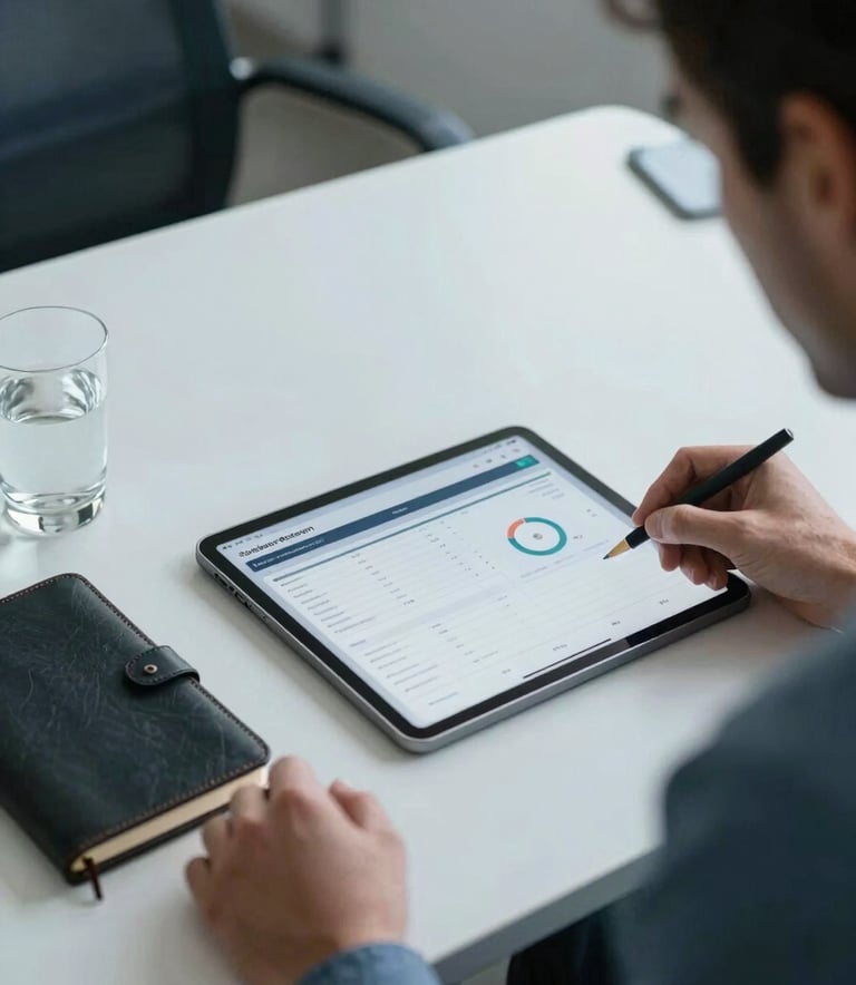 A close-up shot of a professional consultant's desk in a Southern European office. A tablet displays a clean performance dashboard next to a leather notebook and a glass of water. The aesthetic is modern, professional, and minimalist with muted blue and white tones.