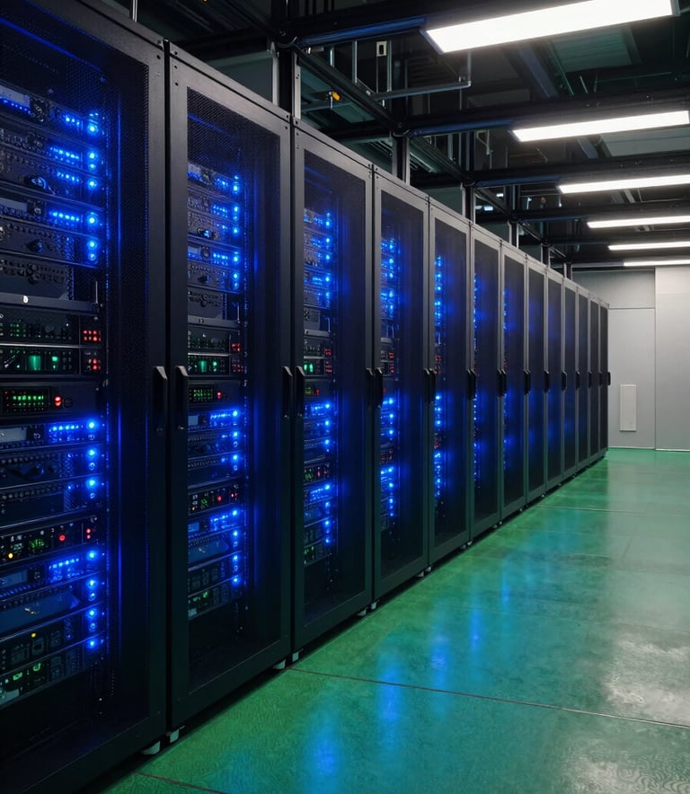A wide-angle shot of a high-tech data center with glowing midnight blue LED lights on server racks and polished floors reflecting persian green light.