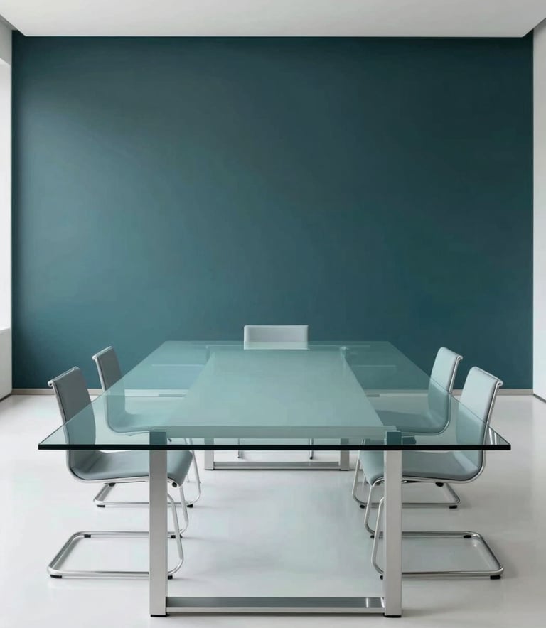 A wide-angle shot of a minimalist, modern boardroom with a large glass table. The lighting is bright and professional, highlighting a palette of deep charcoal teal and pale aqua white. No people are visible, emphasizing a clean and high-tech corporate environment.