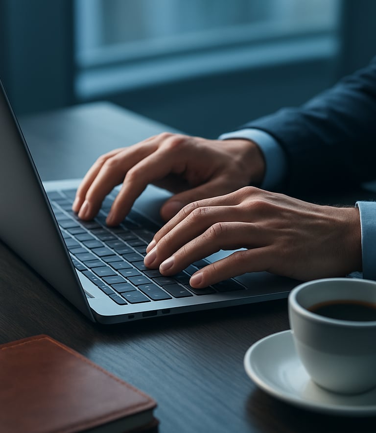 A close-up photograph of a professional consultant's hands typing on a sleek, metallic laptop. The scene is illuminated by soft, cool blue morning light, with a cup of coffee and a leather notebook nearby, reflecting a mood of modern efficiency.